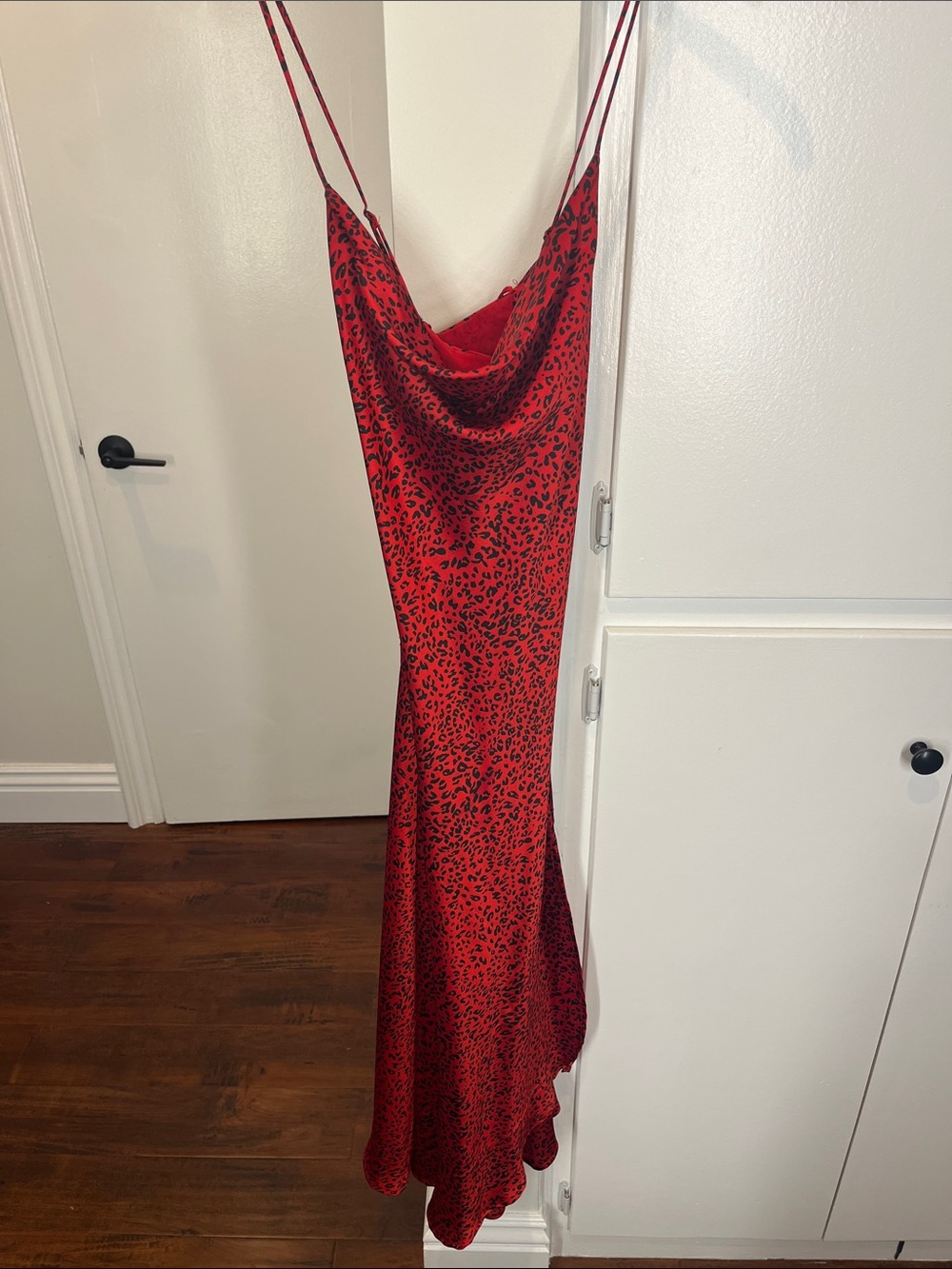 Astr Red and Black Leopard-Print Satin Cowl Maxi Dress